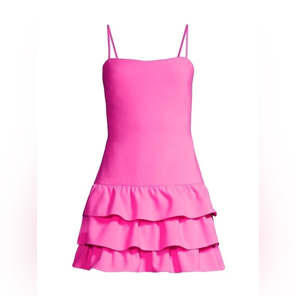 LIKELY Amica Tiered Ruffle Hem Mini cocktail dress Barbie Pink Sugar square neck